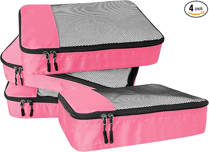 WTREE 4-Piece Packing Cubes Travel Accessories Set for Suitcases - Luggage Organizer Bags with Double Zipper - Mesh Top - Medium - Pink by WTREE