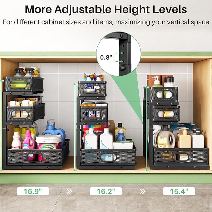 Kitstorack Under Sink Organizer, 2-Pack 3-Tier Height Adjustable Thickened Metal Pull out Cabinet Organizer Shelf, Slide out Storage Drawer Rack for Bathroom Kitchen Pantry Home Laundry Organization - Image 9