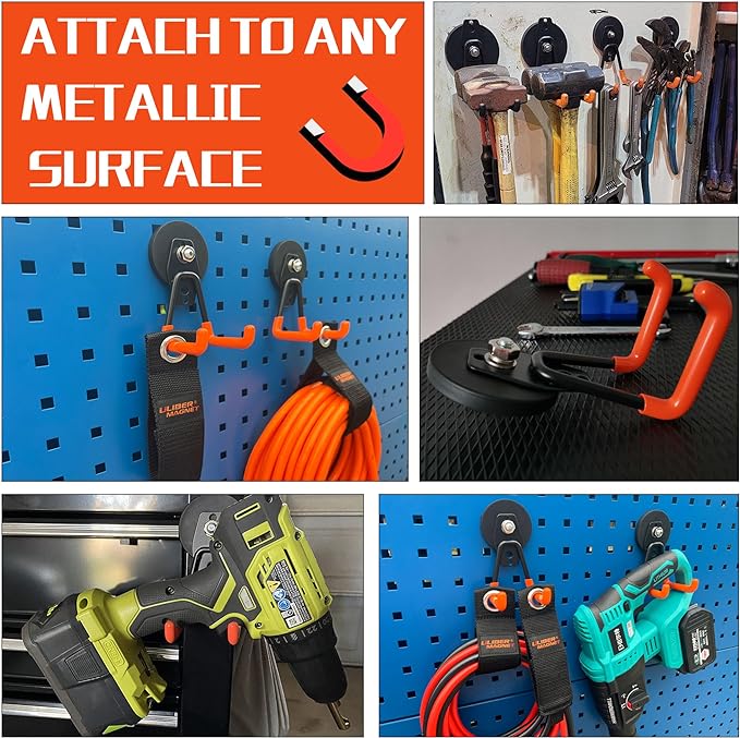 ULIBERMAGNET Heavy Duty Large Garage Magnet Hooks, 3 Pack Strong Storage Utility Magnetic Hooks with Anti-Slip Coating for Pegboard,Garage Shelve Hanging (Orange) - Image 2
