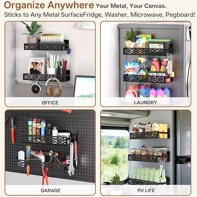 DTUQYX 4 Pack Magnetic Spice Rack for Refrigerator, Heavy Duty Metal Magnetic Fridge Spice Rack Organizer with 4 Hooks, No Drilling Rustproof Spice Storage for Kitchen Organization,11LB Load Capacity - Image 6