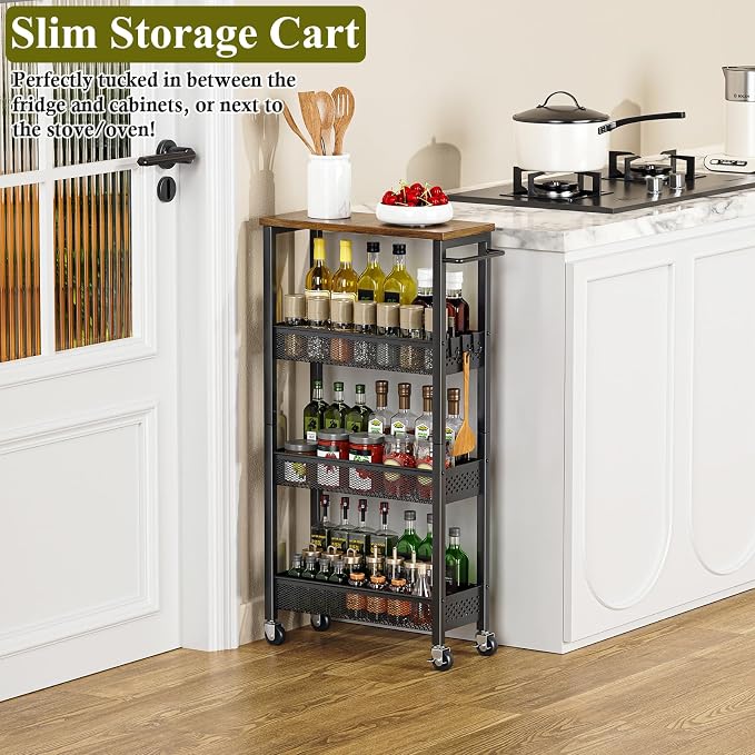 OKZEST 4-Tier Slim Rolling Storage Cart for Kitchen, Laundry Room, Bathroom | Upgraded metal hub casters, Narrow utility cart for small space/gaps, Premium wood top & metal mesh shelf, with handle & hook - Image 8