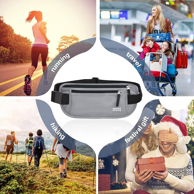 RFID Blocking Money Belt for Men Women, Slim Fanny Pack For Travel，Running,Conceal Waist Wallet For Passport Holder,Phone,Cash(Black Light Grey) - Image 6