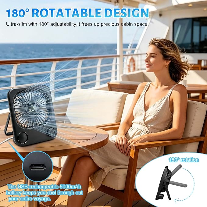 5000mAh Magnetic Cruise Ship Approved Fan,Up to 18H Adjustable Travel Fans with 100-Speed,LED Display 4 Magnetic Hooks,Ultra-Slim USB Rechargeable Portable Fan,Cruise Essentials 2026 for Travel - Image 3