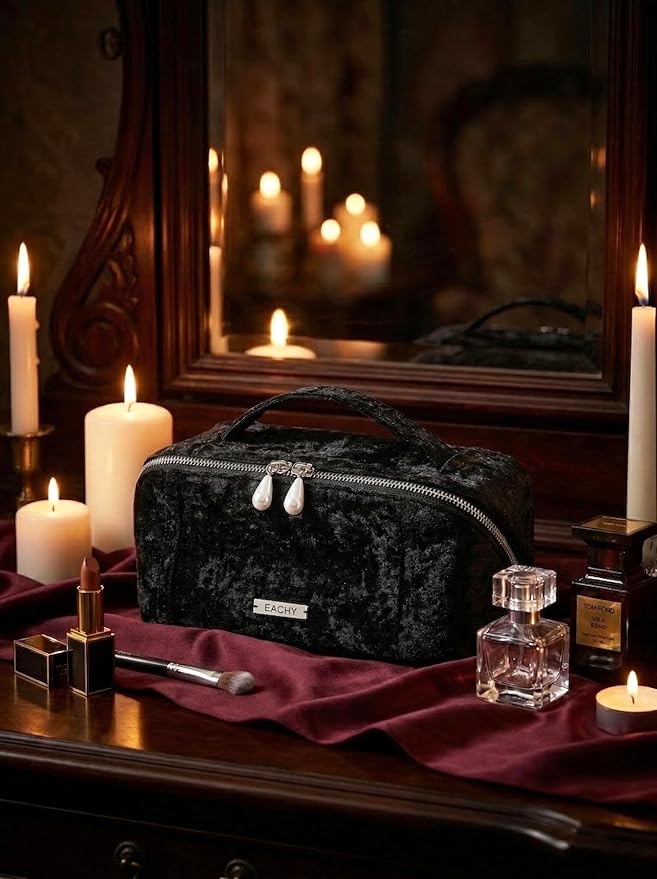 EACHY Velvet Travel Makeup Bag for Women, Flat Open Cosmetic Organizer | Velvet cosmetic organizer with two clear TPU brush pockets and extra storage for makeup, toiletries and travel essentials - Image 2