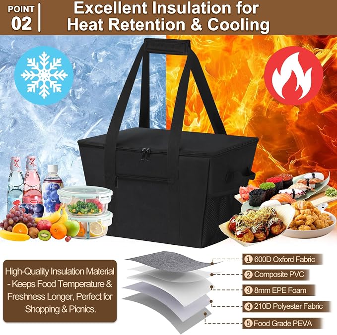 Reusable Grocery Bag – Expandable Insulated Cooler Bag with Bottom Board, Collapsible Insulated Shopping Bag with Zipper & Drawstring, Heavy Duty Tote Bag for Shopping, Delivery, Picnic, Beach - Image 2