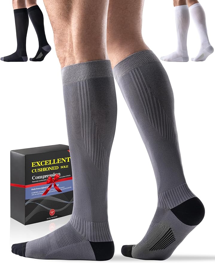 3 Pairs Easy On/Off Compression Socks - 15-20 mmHg Moderate Support Socks with Cushioned Sole and Seamless Toe by Bbfrey