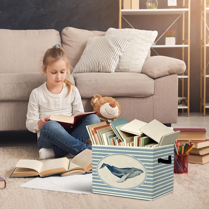 Rustic Whale Storage Bins Boxes with Handles | toys books clothes, sea creatures blue striped nursery foldable basket for organizing bedroom toddler room playroom - Image 5