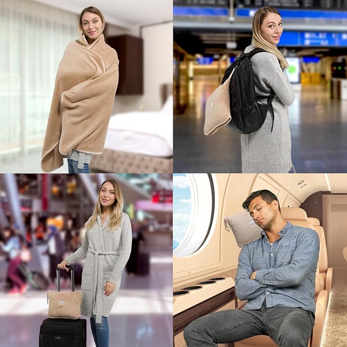 BlueHills Premium Soft Travel Blanket Pillow Value Pack Set of 2 - Airplane Flight Blanket Throw in Soft Bag with Luggage Belt Compact Pack Large Blanket for Travel Gray and Beige Color - Image 3