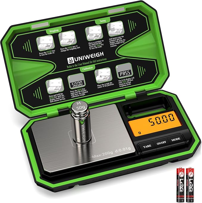 Digital Pocket Scale 200g/0.01g, Digital Scale Grams Precision | Jewelry Scale,Coins Scale with 50g Cal Weights for Powder,small items,Tea,Jewelry,Coins (Battery Included)-Fluorescent Green by UNIWEIGH
