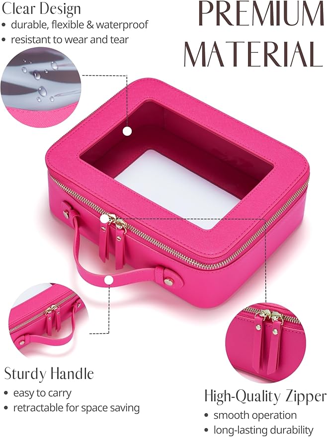 Clear Makeup Bag Travel Cosmetic Case Transparent Toiletry Bag with Zipper, Portable Make Up Organizer Traveling Compact Car Bag for Essentials, Hotpink, Large - Image 2