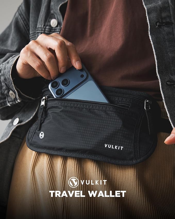 VULKIT Money Belt for Travel, Hidden Passport Holder, Anti-Theft Travel Wallet Under Clothes, RFID Blocking Waist Pouch, Undercover Fanny Pack, Carbon Black - Image 2