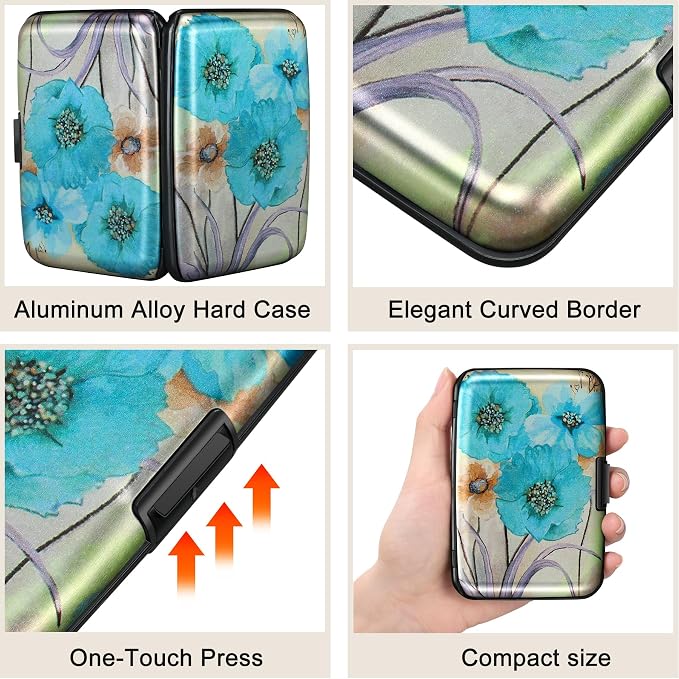Mini RFID Aluminum Wallet Credit Cards Holder Business Card Case Metal ID Case for Men Women(Blue Flower) - Image 3