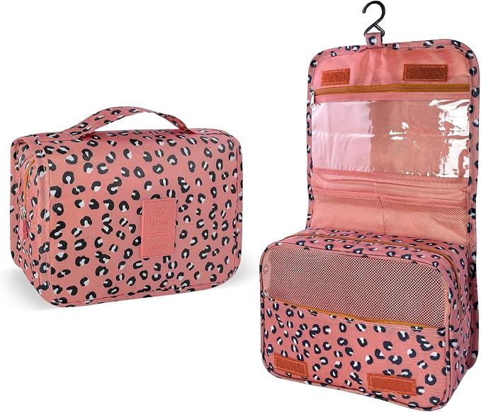 Lcsmaokin Large Capacity Toiletry Bag Travel Bag with Hanging Hook for Men and Women Waterproof Travel Cosmetic Bag Bathroom Storage Bag for Brushes Set,Full-Sized Shampoo,Accessories-Pink Leopard - Image 2