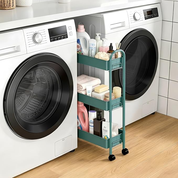 Slim Rolling Cart, Metal Frame Utility Rolling 3-Tier Narrow Storage Cart | Kitchen Storage Organizer, Mobile Shelving Unit for Bathroom Kitchen - Image 5