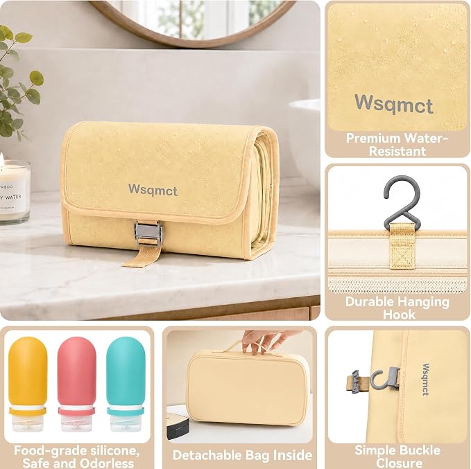 Hanging Travel Toiletry Bag, Waterproof Travel Bag for Toiletries Makeup Cosmetic Bag Organizer for Women Traveling Bathroom Shower, with 3 Silicone Travel Bottles, Beige - Image 2