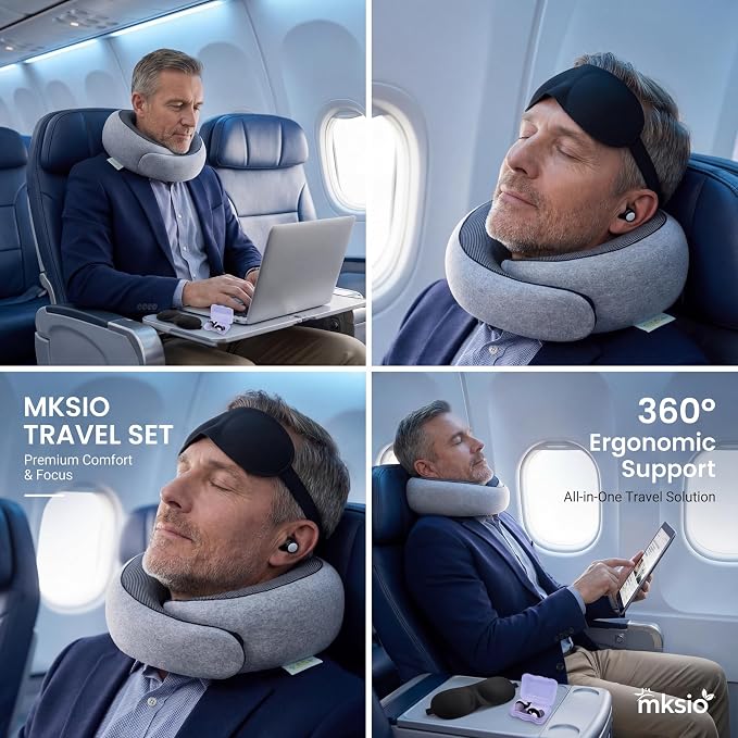 Neck Pillow Airplane Travel Set - Memory Foam Pillow for Plane and Driving Neck Rest - 360 Ergonomic Support Travel Pillows for Sleeping - Washable Cushion Kit for Flight & Car - Image 4