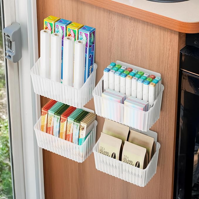 NiHome 4-Pack Cabinet Door Organizer, Adhesive RV Camper Wall Storage Caddy | No-Drill Plastic Bin With Drain Holes For Kitchen Bathroom Pantry Organization, Space Saving Small Item Holder, Medium, White - Image 2