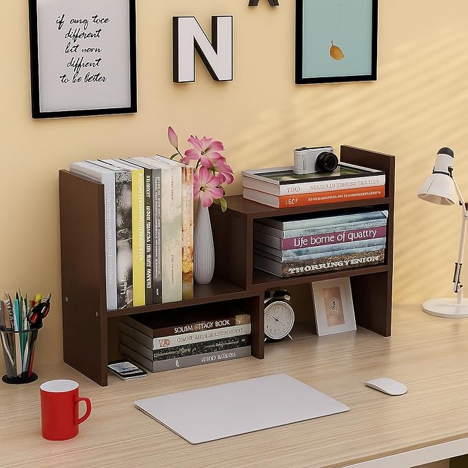 Desktop Shelf Organizer, Adjustable Wood Office Storage Rack, Counter Display Small Bookshelf for Home/Office/School(Dark Walnut) - Image 3