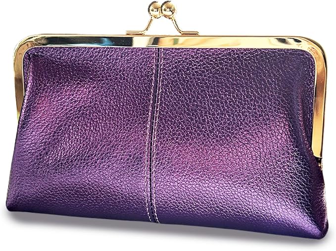 Genuine Leather Long Kiss Lock Wallet for Women | RFID Blocking, 8 Card Slots, Money Clip, Zipper Coin Pocket, Handheld Clutch Purse by Unknown