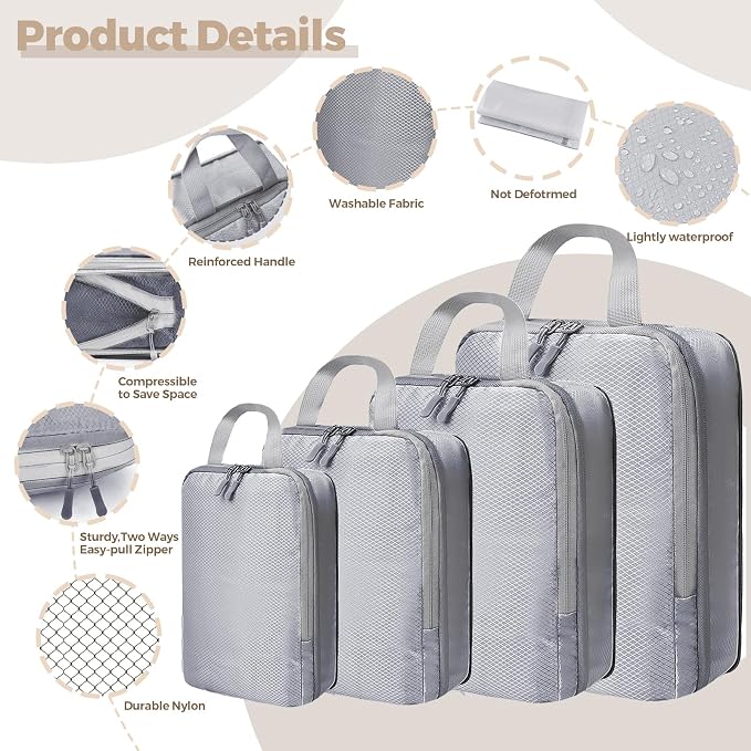 LANSKLBD 6/8 Set Packing Cubes for Suitcases Travel Luggage Packing Organizers,Travel Accessories Essentials Luggage Organizer with Shoe/Tioletry/Laundry Bag (Grey, 4 set) - Image 3