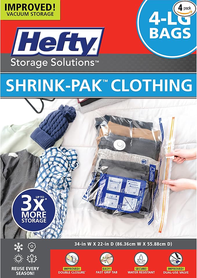 Hefty Shrink-Pak - 4 Large Vacuum Storage Bags for Clothes, Pillows, Towels, or Blankets - Space Saver Vacuum Sealer Bags Ideal Under Bed Storage Solutions by HeftyShrinkPak