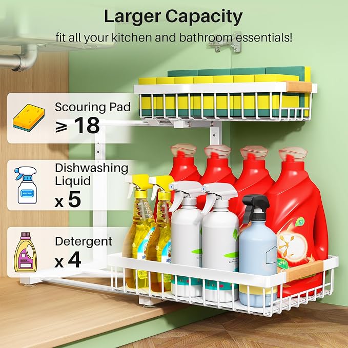Kitstorack Under Sink Organizer, 2 Tier Under the Sink Storage, Slide out Pull out Cabinet Organizer Shelf, Metal Sliding Drawer for Kitchen Bathroom Pantry Closet Organization Rack, White, 1 Pack - Image 3