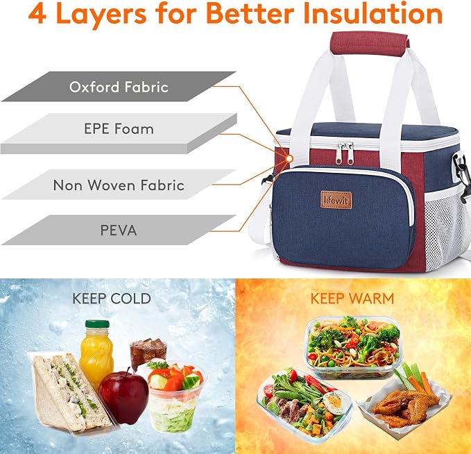 Lifewit Medium Lunch Bag, Insulated Lunch Box, Soft Cooler Cooling Tote for Adult Men Women, White and Red and Blue 12-Can (9L) - Image 2
