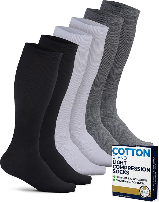 Pembrook Cotton Light Compression Socks for Women & Men - 3 Pairs | 8-15 mmHg Comfort Compression Socks for Men & Women by Pembrook