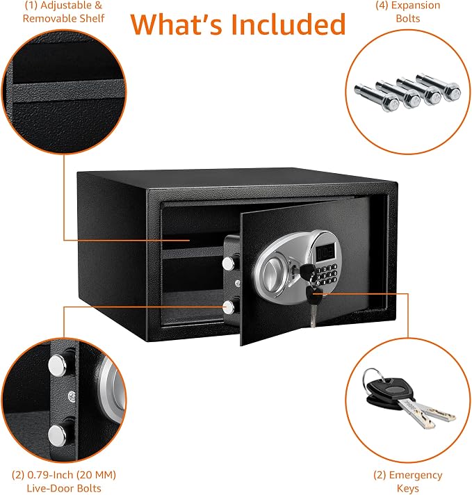 Amazon Basics Steel Security Safe Box with Digital Keypad, for Valuables, Cash, Jewelry, Documents, Removable Shelf, Black, 1 Cubic Foot, 16.9"x14.6"x9.1" (WxDxH) - Image 4