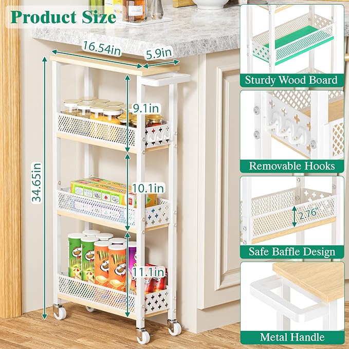 4-Tier Rolling Slim Storage Cart Kitchen Bathroom Laundry Organizer | 5.9"wide, wood rack tier, with 3 hooks, carbon steel, suitable for compact spaces, 360° swivel wheels with brakes, white - Image 6