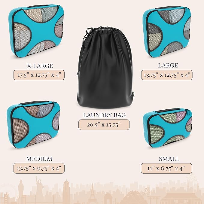 Shacke 5 Set Packing Cubes for Travel with Laundry Bag (Aqua Teal) | Suitcase Organizer Bags Set: 4 Water-Resistant Luggage Cubes, XL to Small, + Laundry Bag for Carry-On or Checked - Image 4