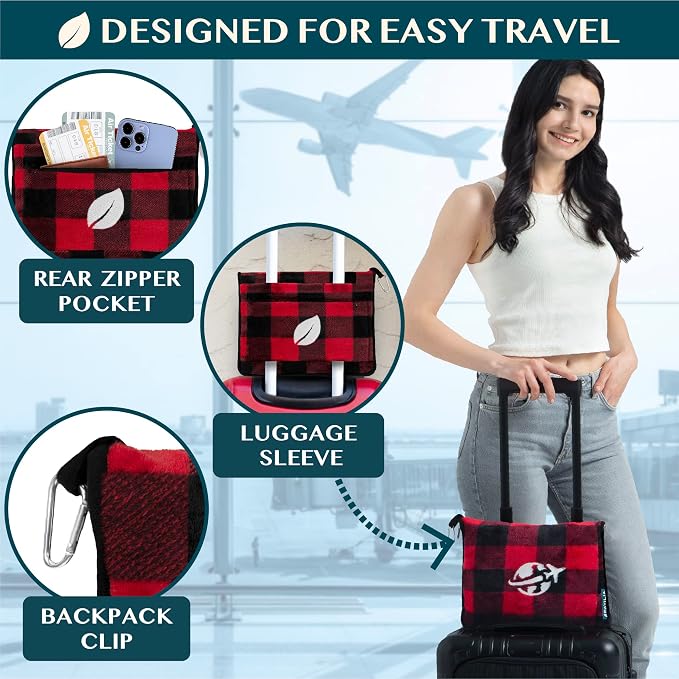 PAVILIA Travel Blanket and Pillow, Arms Opening Airplane Blankets for Adults, Compact Plane Blanket with Arm Hole 2-in-1 Bag for Flight Car Camping Luggage Backpack Traveler Gift, Checkered Red - Image 4