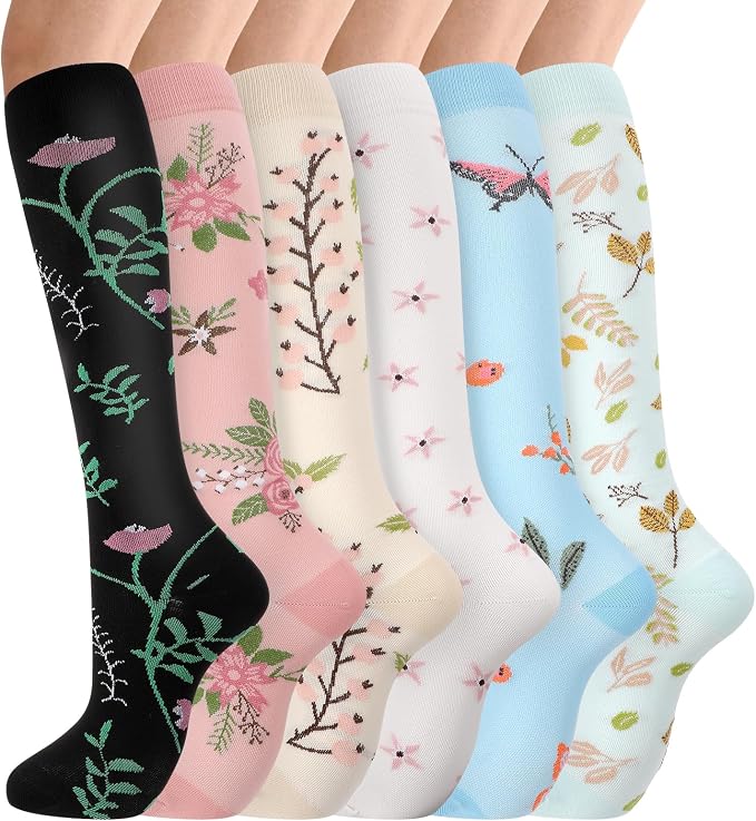 6 Pairs Compression Socks for Women Men, Wide Calf | Knee High Compression Socks, Graduated 14.5 - 30.9 mmHg Support, Women Nurses Travel Yoga Running Circulation - Image 8