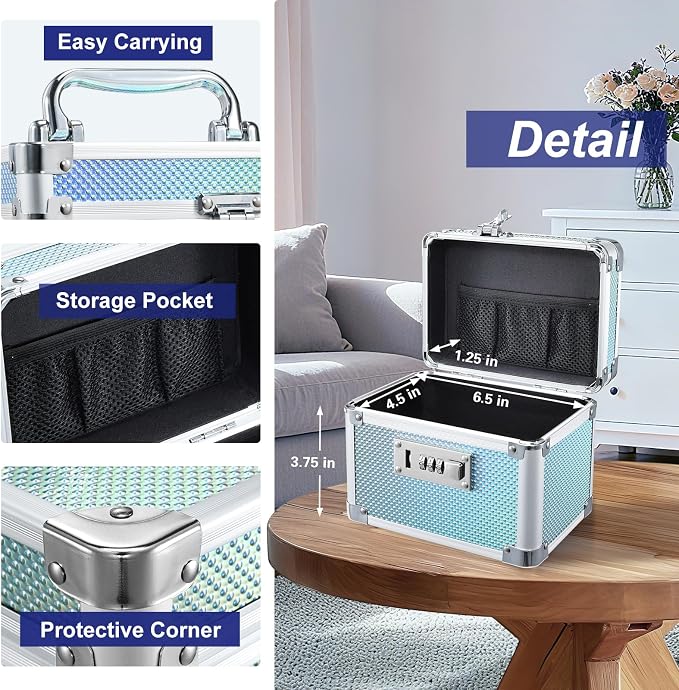 Lockable Medicine Storage Box - Shiny Turquoise Cabinet Med Lock Organizer, 7 * 5.25 * 5.75 Inches Safe Case with Combination Lock for Home, Dorm, Office, or Travel - Mini Size - Image 6