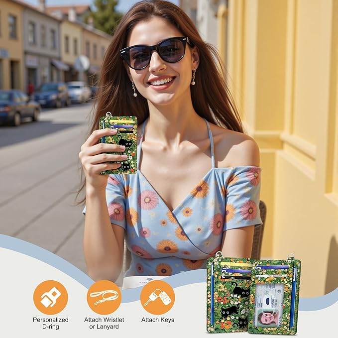 SEAVILIA Small Credit Card Holder for Women, Slim RFID Blocking Wallet | Cute Mini ID Card Case, Thin Minimalist Pocket Wallet, Gift for Girls, Black Cat Floral - Image 2