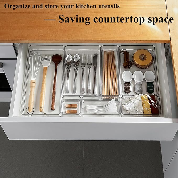 16 Pcs Upgraded Extendable Clear Drawer Organizer, Adjustable Vanity Storage Box, 3-Size Desk Drawer Organizer, Durable Storage Bins for Makeup, Cosmetic, Bedroom Dressers Tool Organizer for Gadgets - Image 8