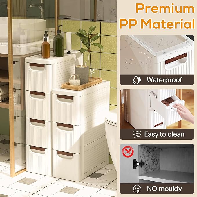 4 Drawers Slim Bathroom Storage Cabinet Dresser, Narrow Plastic Rolling Cart Organizer with Drawers, for Small Spaces, Kitchen, Laundry, Office, Bedroom, White - Image 4