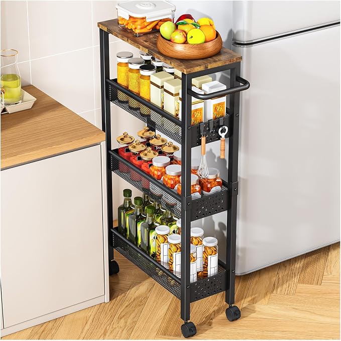 Vivihomety 4-Tier Slim Utility Rolling Laundry Cart with Wheels, Metal | Narrow 7.1" wide, Lockable wheels, wood top panel, metal frame, with handle, for laundry, bathroom, kitchen, black - Image 8