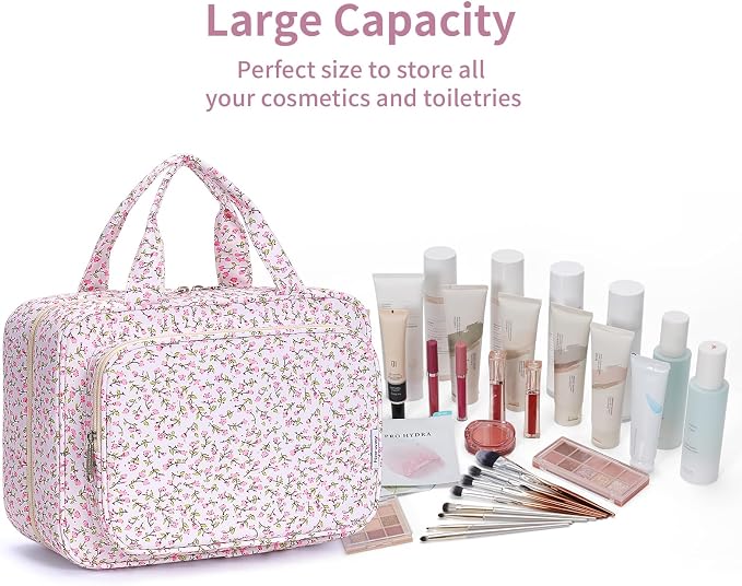 Narwey Travel Toiletry Bag for Women Large Hanging Makeup Bag Organizer Toiletries Bag for Full Size Essentials Accessories Cosmetics (Pink Flower (Large)) - Image 7