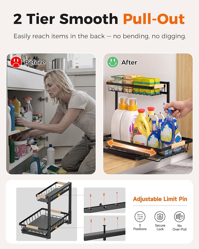 2026 Upgraded 3-Pack 2-Tier Adjustable Height Under Sink Organizer, Black | Multi-purpose metal storage shelf with sliding shelves for kitchen, bathroom, pantry & laundry cabinet - Image 5