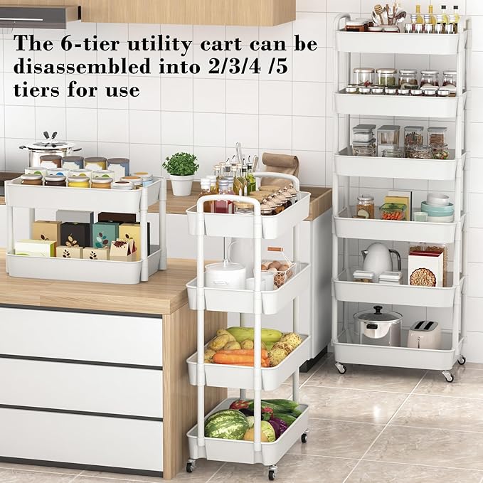 Sywhitta 6-Tier Plastic Rolling Utility Cart with Wheels for Storage,White | Multi-Functional Storage Trolley, for Office, Living Room, Kitchen, Bathroom,Movable Organizer,Space-Saving,Easy to assemble - Image 2