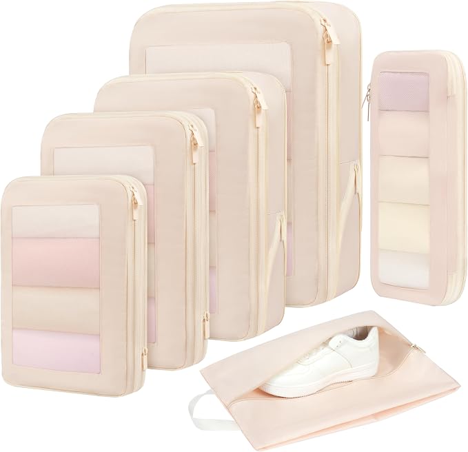 BAGAIL 4 Set/6 Set/8 Set Compression Packing Cubes Travel Accessories Expandable Packing Organizers (Square Mesh, 05-Cream) by BAGAIL