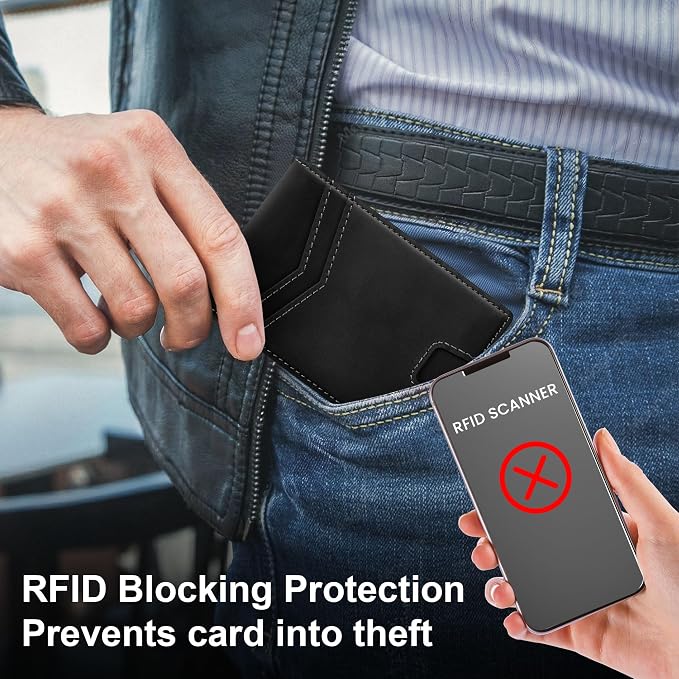 Slim Genuine Leather Wallet: Thin RFID Wallet 12+ Card Hold | Top Grain Leather Wallet with Magnetic Money Clip Inside - Minimalist Front Pocket Wallets - Gifts for Men with Gift Box - Image 4