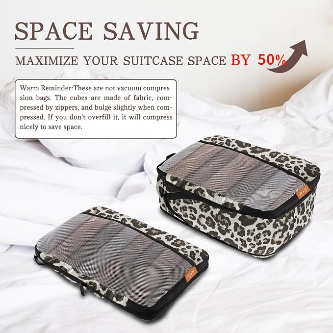 U+U 10 Set Compression Packing Cubes, Travel Organizers (Leopard) | Space-Saving & Complete Travel Set - Image 2