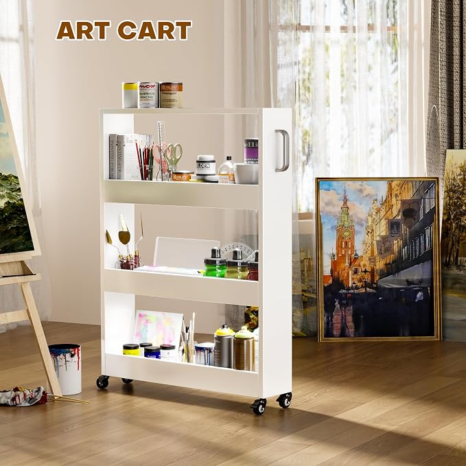 Slim Storage Cart, Lightweight 4 Tier Metal Rolling Utility Kitchen Cart on Wheels, Mobile Storage Shelving Unit Organizer for Bathroom Laundry Office Narrow Places (4 Tier-White, 6" D) - Image 6