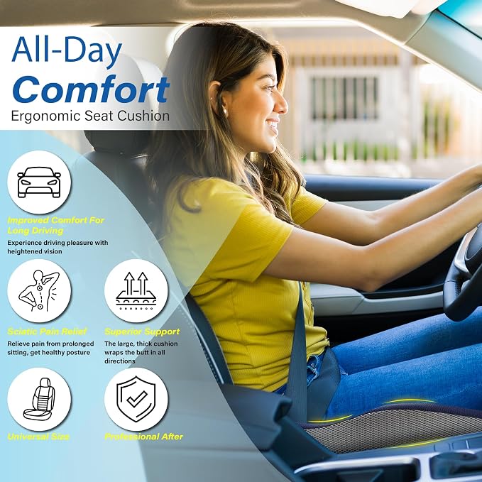 Allaboutsla Car Seat Cushion for Driving, Car Seat Pillow for Short Drivers | Ergonomic Memory Foam Seat Cushion for Pain Relief, Adult Booster Seat for Car, Butt Cushion for Car, Truck, Blue&Gray - Image 3