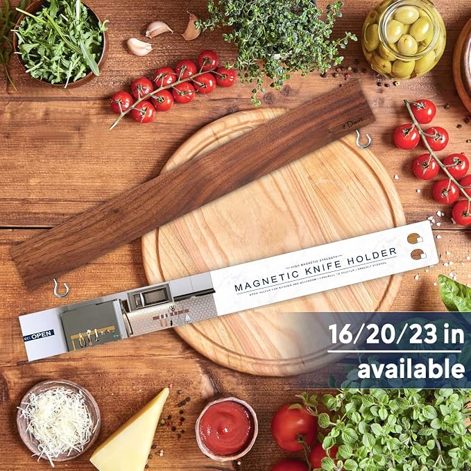 Dmore magnetic knife holder for wall—with 2 hooks, No Drilling 16 Inch walnut knife magnetic strip, Powerful knife magnet rack, include Adhesive Tape and screws for Knives, Utensils, and Tools - Image 2