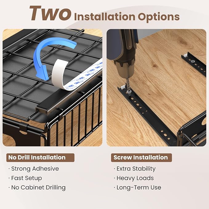 2 Pack Pull Out Cabinet Organizer, Heavy Duty Slide Out Drawer with No Drill Adhesive or Screw Mount, Carbon Steel Roll Out Shelf for Kitchen Cabinet, Pantry & Bathroom Storage - Image 6