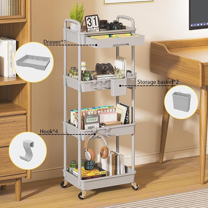 4 Tier Rolling Utility Cart with Drawer, Plastic Storage Organizer Rolling Carts with Wheels Handles Hanging Cups Hooks for Office, Bathroom, Kitchen,Craft Art Room (Grey) - Image 3