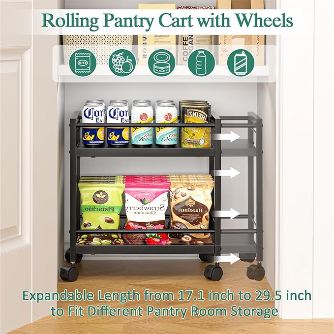 2-Tier Expandable Rolling Pantry Cart with Wheels, Adjustable Floor Organizer for Kitchen Pantry, Can Organizer for Pantry, Storage Cart for Snack, Food, Vegetables, Black, Patent Pending - Image 2